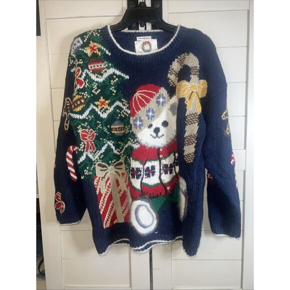 Christopher & Banks Hand Embroidered grannycore teddybear holiday sweater - Picture 1 of 10